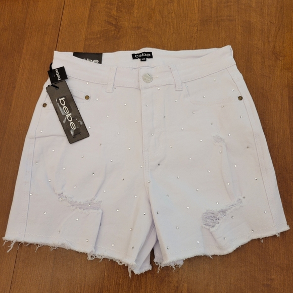 Bebe White Rhinestone Embellished Distressed Jean Shorts, Size 8/29. - Picture 1 of 3